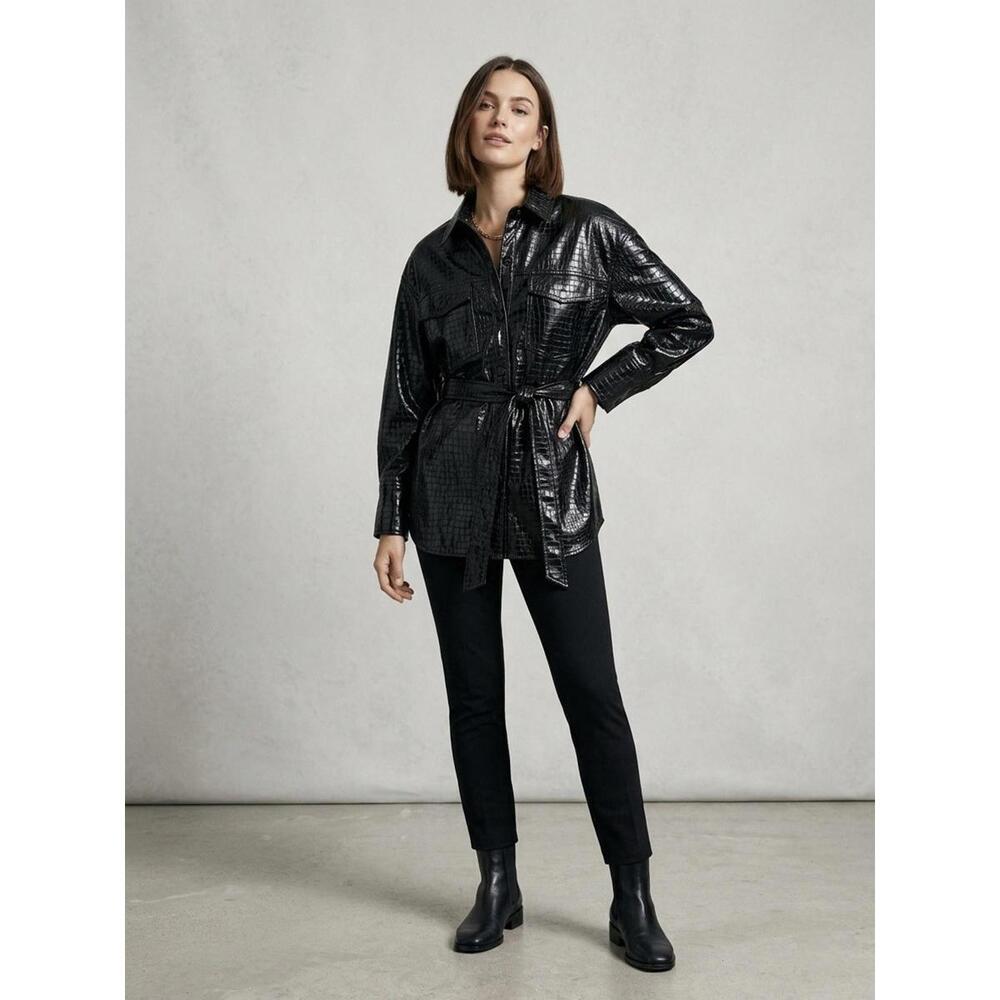 Zara Women’s Sz S Black Faux Crocodile Embossed faCollared Belted Jacket - Picture 1 of 7